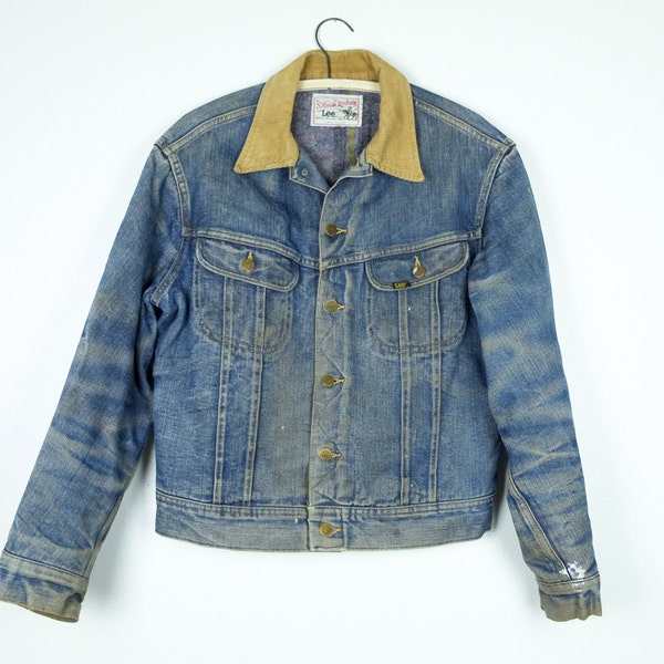 70s Lee Storm Rider Jean Jacket M Blanket Lined Distressed Vintage Denim Coat Medium Corduroy Collar