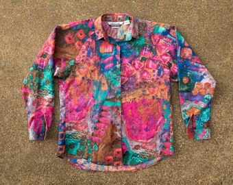 Abstract Shirt S - Western Shirt Button Down - Abstract Painting - Pink - Magenta - 80s Art Shirt- 90s Art Shirt- Oversized- Rocky Mountain