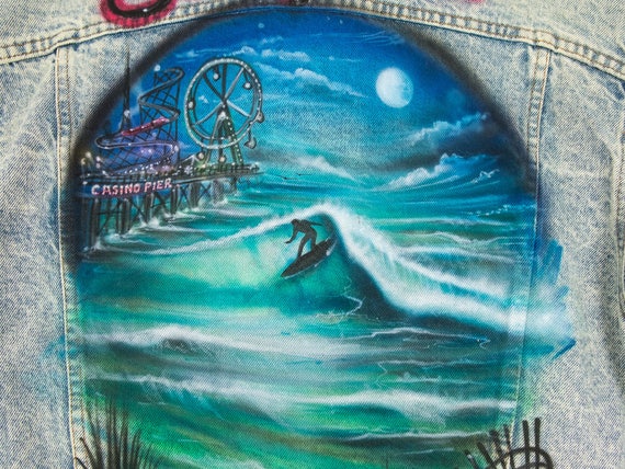 Painted Jean Jacket M - Surfin' Seaside NJ - Robe… - image 2
