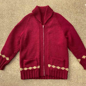 Cowichan Sweater L - Vintage Men’s Handmade Wool Cowichan Sweater - Pockets - Maroon - 50s 60s Vintage Lightning Zipper - Cowl Neck Sweater