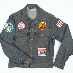 70s Jean Jacket with Patches - Vintage Roebucks Jean Jacket S - Jean Jacket with Racing Patches - 1970s Denim Coat - Jean Jacket 36