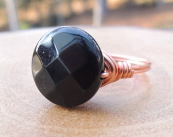 Faceted Onyx Wire Wrapped Ring in Silver fill or Copper for Negative Energy Protection, Focus and Concentration Gift by Rock My Zen