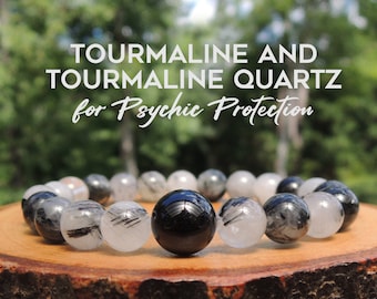 Elastic Beaded Bracelet Black Tourmaline and Tourmaline Quartz Negative Energy Protection Psychic Protection Amulet by Rock My Zen