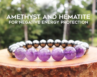 8MM Amethyst and Hematite Energy Bracelet for Negative Energy Protection by Rock My Zen