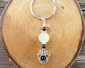 Faceted Prehnite, Black Tourmaline and Hamsa Empath Protection Amulet Keychain by Rock My Zen