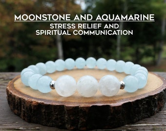 Elastic Beaded Moonstone and Aquamarine Bracelet March June birthday for Stress Relief and Communication by Rock My Zen