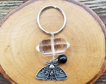 Witchy Quartz and Black Tourmaline Moth with Moon Cycle Keychain by Rock My Zen