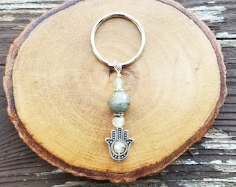 Empath Protection Hamsa Keychain with Labradorite and Prehnite by Rock My Zen