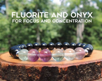 Rainbow Fluorite and Black Onyx Bracelet for Mental Clarity, Focus and Concentration elastic beaded bracelet by Rock My Zen