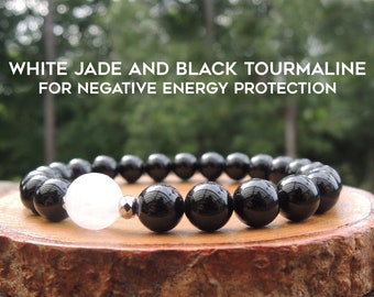 White Jade and Black Tourmaline Bracelet for Negative Energy Protection by Rock My Zen