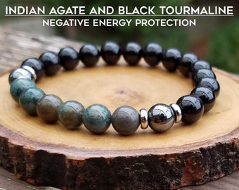 Indian Agate, Hematite & Black Tourmaline Bracelet: Negative Energy Protection