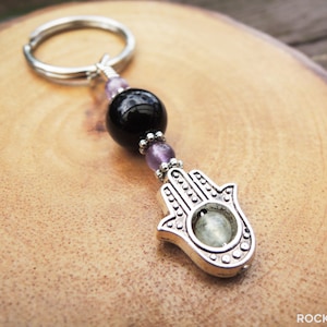 Prehnite, Amethyst, Black Tourmaline and Hamsa Empath Protection Amulet Keychain by Rock My Zen