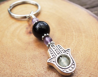 Prehnite, Amethyst, Black Tourmaline and Hamsa Empath Protection Amulet Keychain by Rock My Zen