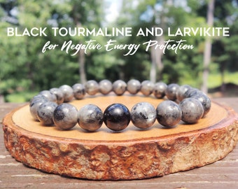 No Metal - Black Tourmaline and Larvikite Elastic Beaded Bracelet Negative Energy Protection by Rock My Zen