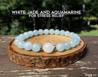 White Jade Bracelet and Aquamarine Energy Bracelet for Stress by Rock My Zen