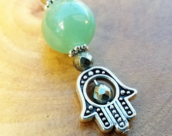 Green Aventurine and Pyrite Keychain Hamsa Money Amulet by Rock My Zen