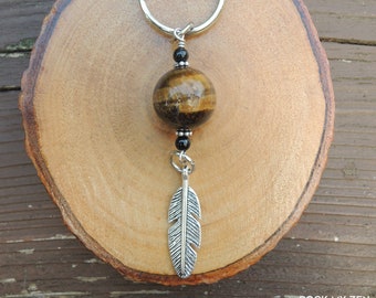 Tiger Eye and Black Tourmaline Feather Charm Keychain Protection Amulet by Rock My Zen
