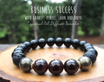 Business Success Essential Oil Diffuser Bracelet with Red Garnet, Pyrite, Black Onyx, and Lava by Rock My Zen