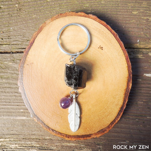 Black Tourmaline and Amethyst Empath Protection Amulet Keychain by Rock My Zen