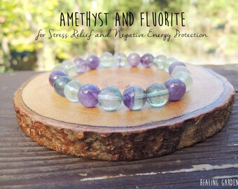 No metal Amethyst and Rainbow Fluorite Stretch Elastic Beaded Bracelet for Concentration and Stress Relief by Rock My Zen