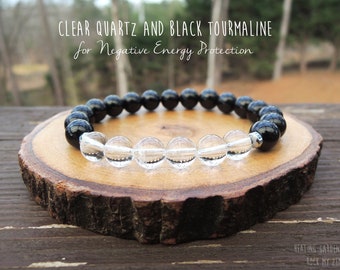 Clear Quartz and Black Tourmaline Bracelet Negative Energy Protection Rock Quartz by Rock My Zen