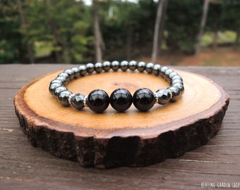 Empath Protection with Hematite and Black Tourmaline Elastic Beaded Bracelet Dainty Small Beads by Rock My Zen
