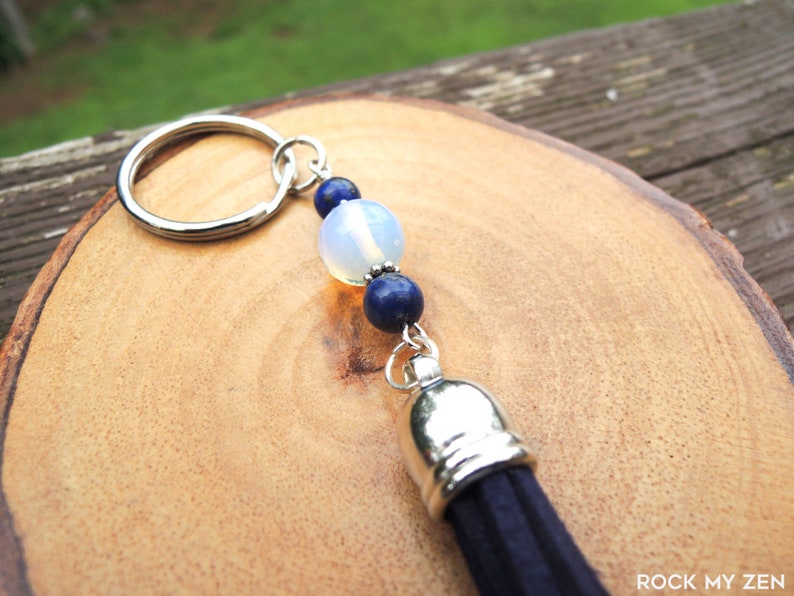 Opalite and Lapis Lazuli Tassel Keychain for Stress and Anxiety Relief by Rock My Zen