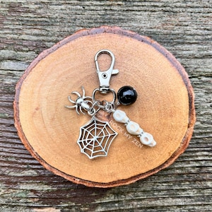 Halloween Spider, Web, Skulls and Tourmaline Keychain, Witchy, Gothcore, Dark Mori Purse Charm by Rock My Zen