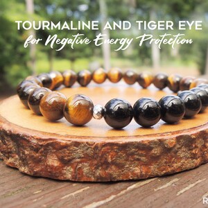 Unisex Elastic Beaded Mens Womens Bracelet Black Tourmaline and Tiger Eye Bracelet for Negative Energy Protection by Rock My Zen