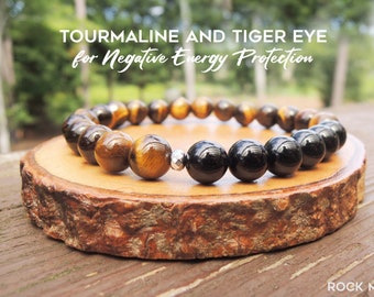 Unisex Elastic Beaded Mens Womens Bracelet Black Tourmaline and Tiger Eye Bracelet for Negative Energy Protection by Rock My Zen