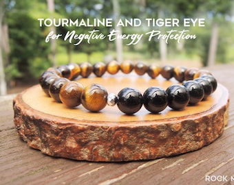 Unisex Elastic Beaded Mens Womens Bracelet Black Tourmaline and Tiger Eye Bracelet for Negative Energy Protection by Rock My Zen
