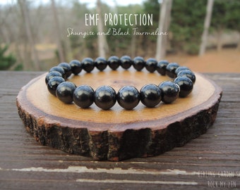Elastic Beaded Bracelet EMF Smog Protection with Shungite and Black Tourmaline Bracelet by Rock My Zen