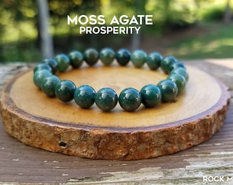 No Metal Moss Agate Elastic Beaded Bracelet for Self Esteem, Prosperity Money Amulet by Rock My Zen