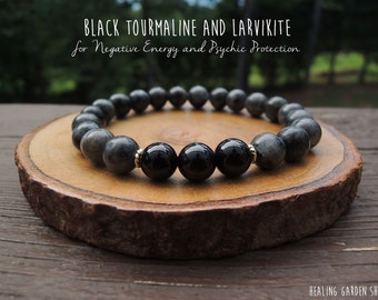 Protection Amulet Black Tourmaline and Larvikite Elastic Beaded Stretch Bracelet for Negative Energy and Psychic Protection by Rock My Zen