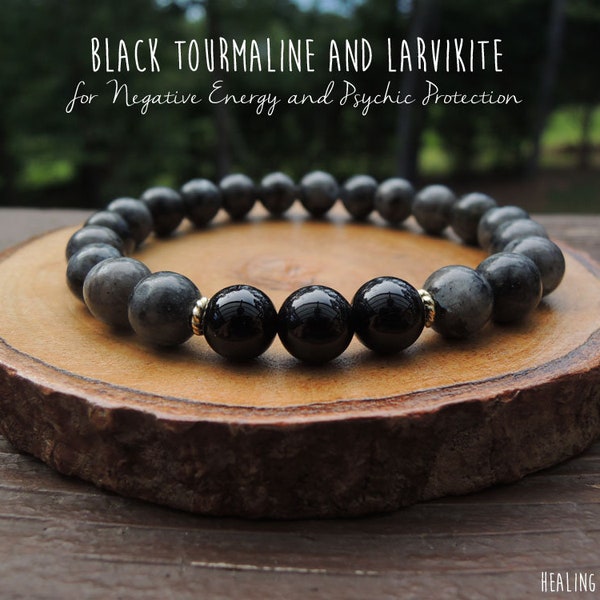 Protection Amulet Black Tourmaline and Larvikite Elastic Beaded Stretch Bracelet for Negative Energy and Psychic Protection by Rock My Zen