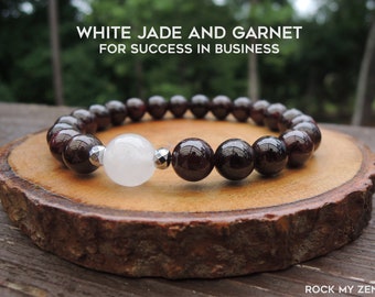 Elastic Beaded Bracelet White Jade and Garnet Bracelet for Success in Business Money Amulet by Rock My Zen