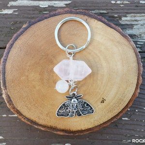 Witchy Rose Quartz and White Jade Moth with Moon Cycle Keychain by Rock My Zen