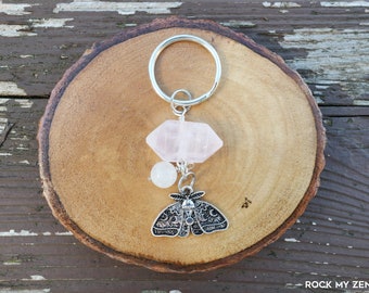 Witchy Rose Quartz and White Jade Moth with Moon Cycle Keychain by Rock My Zen