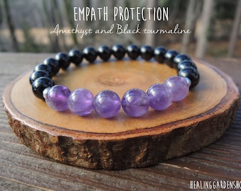 Empath Protection Amulet with Amethyst and Black Tourmaline Negative Energy Protection Elastic Beaded Bracelet by Rock My Zen