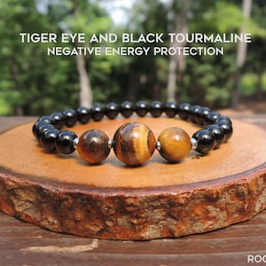 Dainty Tiger Eye and Black Tourmaline Bracelet for Negative Energy Protection by Rock My Zen