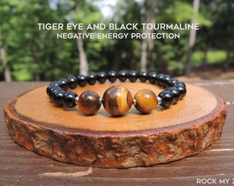 Dainty Tiger Eye and Black Tourmaline Bracelet for Negative Energy Protection by Rock My Zen