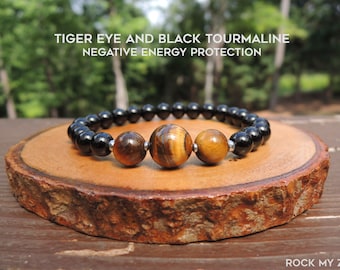 Dainty Tiger Eye and Black Tourmaline Bracelet for Negative Energy Protection by Rock My Zen