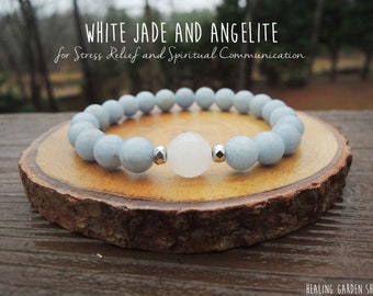 Stress Relief Elastic Beaded Bracelet White Jade and Angelite Real Gemstone Bracelet by Rock My Zen