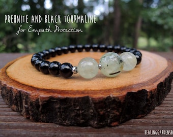 Empath and Aura Protection Elastic Beaded Bracelet with  Prehnite and Black Tourmaline Negative Energy Protection by Rock My Zen