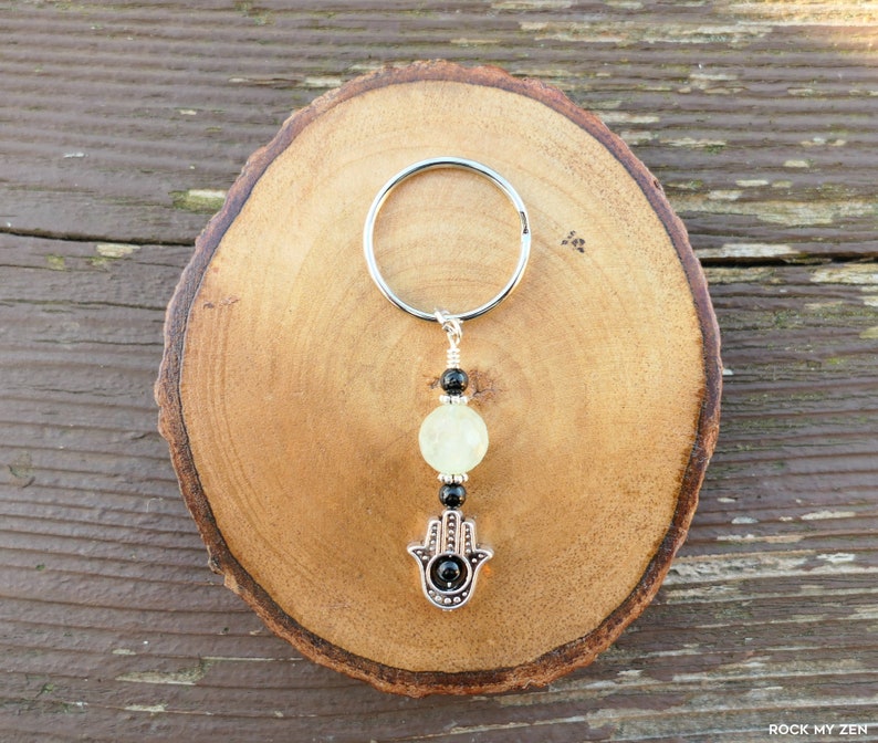 Faceted Prehnite NEW ITEM Added 12721 Black Tourmaline and Hamsa Empath Protection Amulet Keychain by Rock My Zen