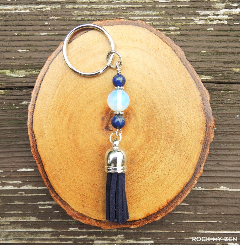 Opalite and Lapis Lazuli Tassel Keychain for Stress and Anxiety Relief by Rock My Zen