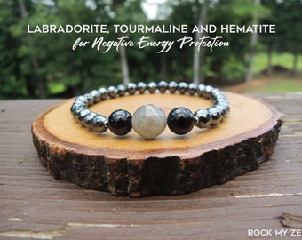 Black Tourmaline, Labradorite and Hematite Bracelet for Negative Energy Protection