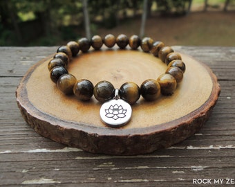 Tiger Eye and Lotus Energy Bracelet for Prosperity and  Negative Energy Protection by Rock My Zen
