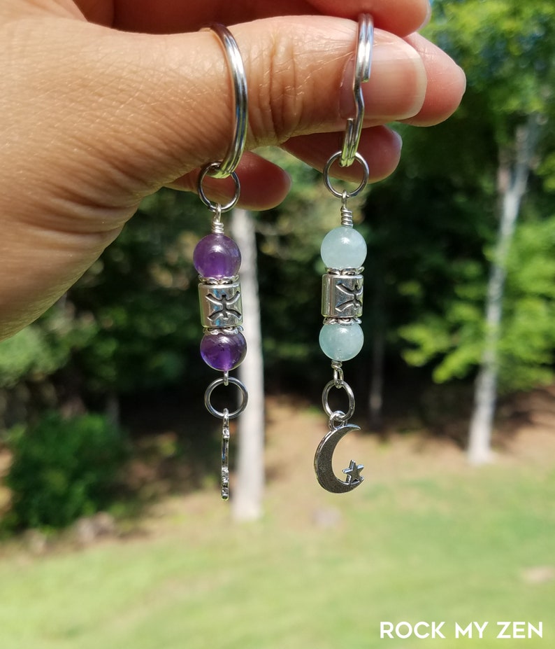 Pisces Astrology Keychain by Rock My Zen February /March Birthstone, Amethyst, Aquamarine image 1