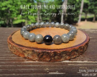 No Metal Elastic Beaded Bracelet Black Tourmaline and Labradorite Bracelet for Negative Energy Protection Amulet by Rock My Zen